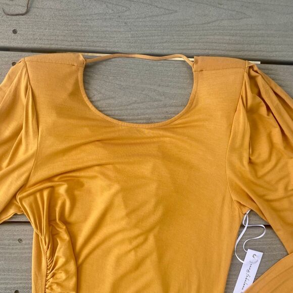 Young Fabulous & Broke Marigold Yellow Midi Drape Ruched Dress Backless Large - Picture 7 of 14